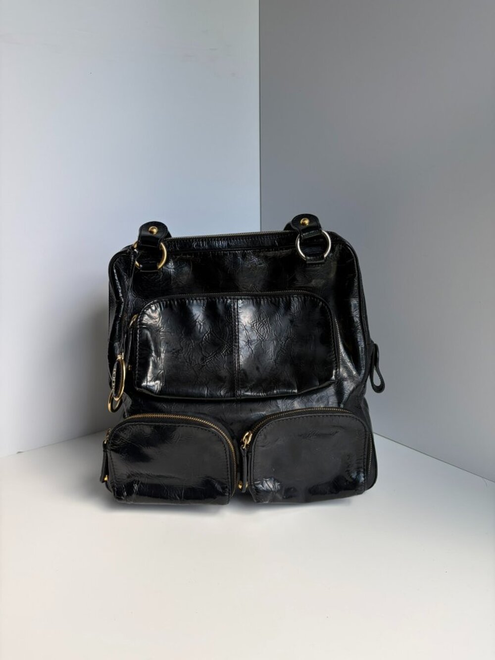 TOD'S Black Crinkled Patent Leather Multi-Pocket Tote Bag Red Lining